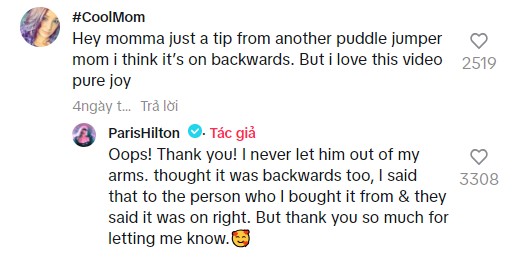 Paris Hilton responds to fan concerns over her son's life jacket in a vial vide on social media. Image Credits: @parishilton/Tiktok