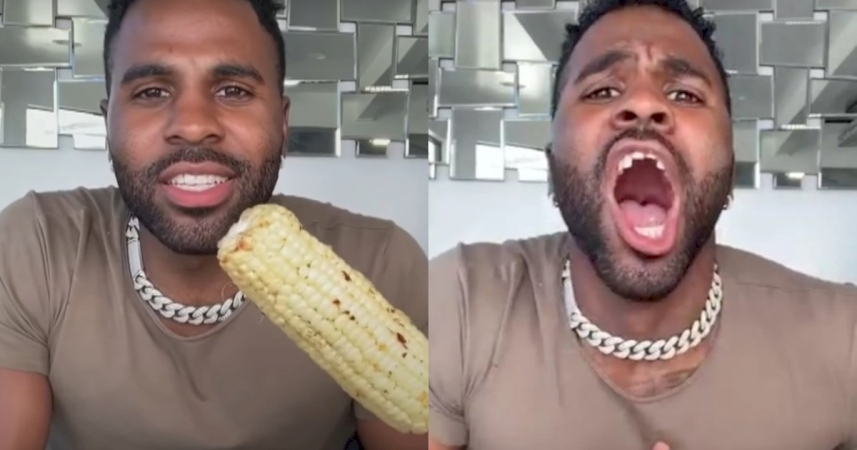 Jason Derulo appears to lose a tooth while eating corn with a drill