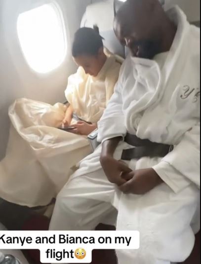 Kanye West and Bianca Censori were captured flying economy after losing billionaire status. Image Credits: @brandon.dogget/Tiktok