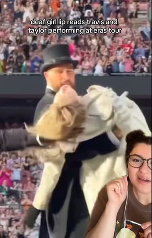A lip reader on Instagram decoded Travis Kelce and Taylor Swift's playful dialogue during their performance. Image Credits: @tismejackieg/Instagram