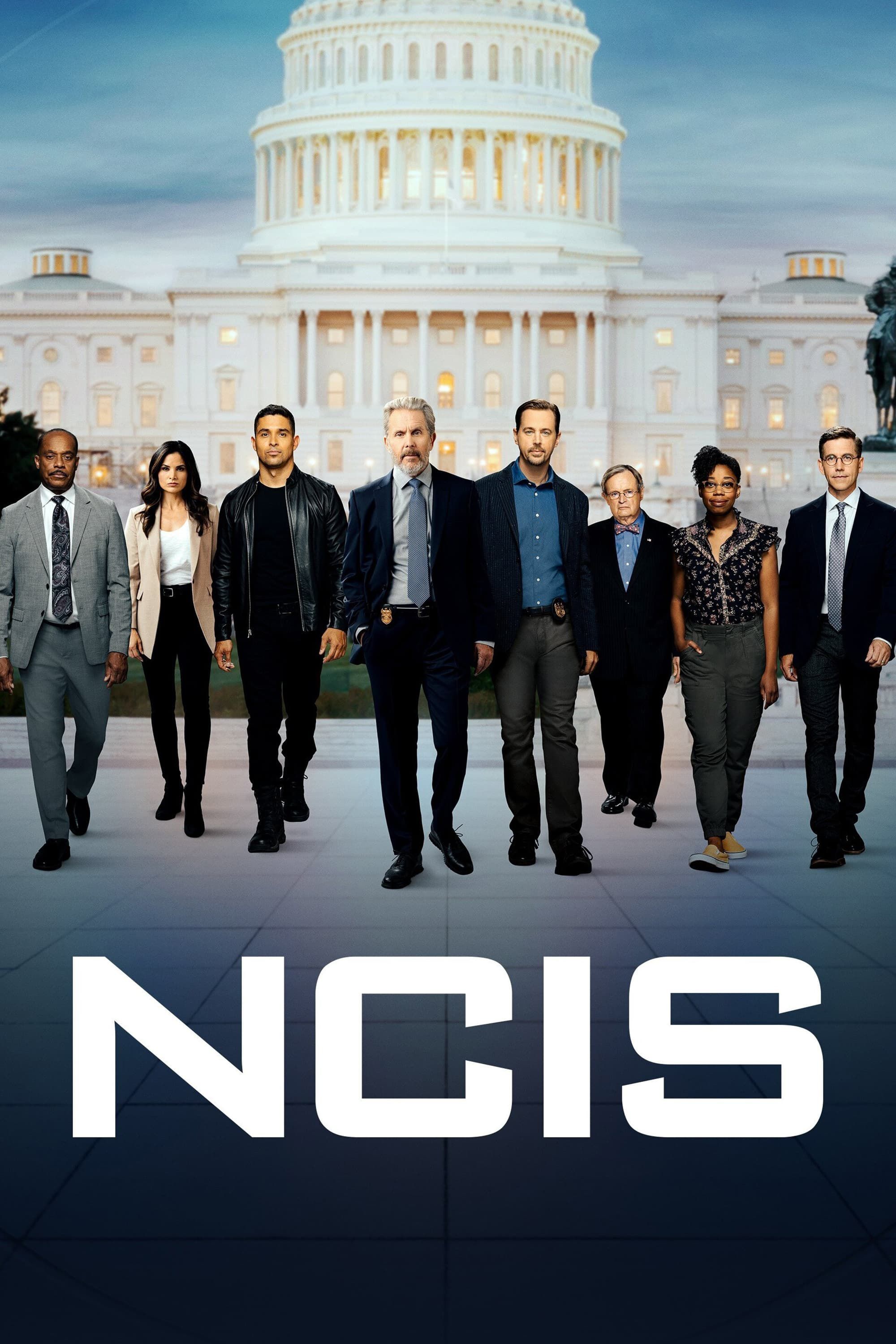 The cast of NCIS season 20 walks forward above show title in promotional poster