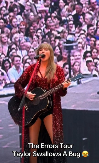 Fans saw Swift jokingly address the bug incident, laughing off the mishap on stage.  Image Credits: @Cameron Harris/Tiktok