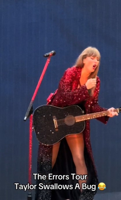 Taylor Swift accidentally swallowed a bug during her London concert, pausing briefly but quickly recovering. Image Credits: @Cameron Harris/Tiktok